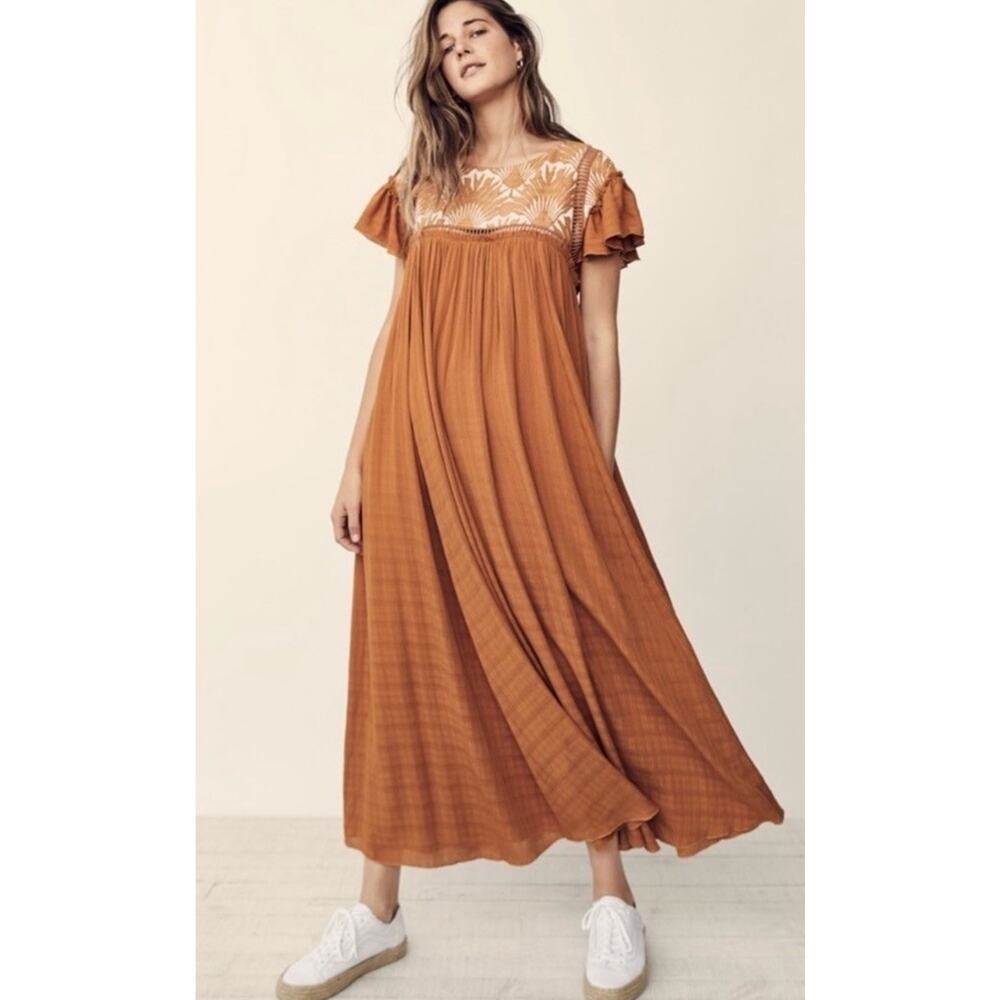 FREE PEOPLE Vintage Charm Relaxed Fit Flowy Embroidered Ruffled Midi Dress Sz XS - Picture 2 of 15